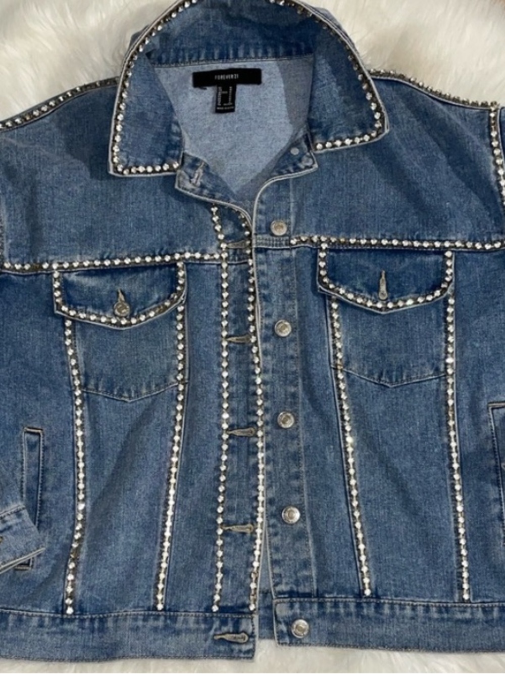 Forever 21 M Rhinestone Trim Denim Jacket Womens Blue Oversized Trucker 90s Rock